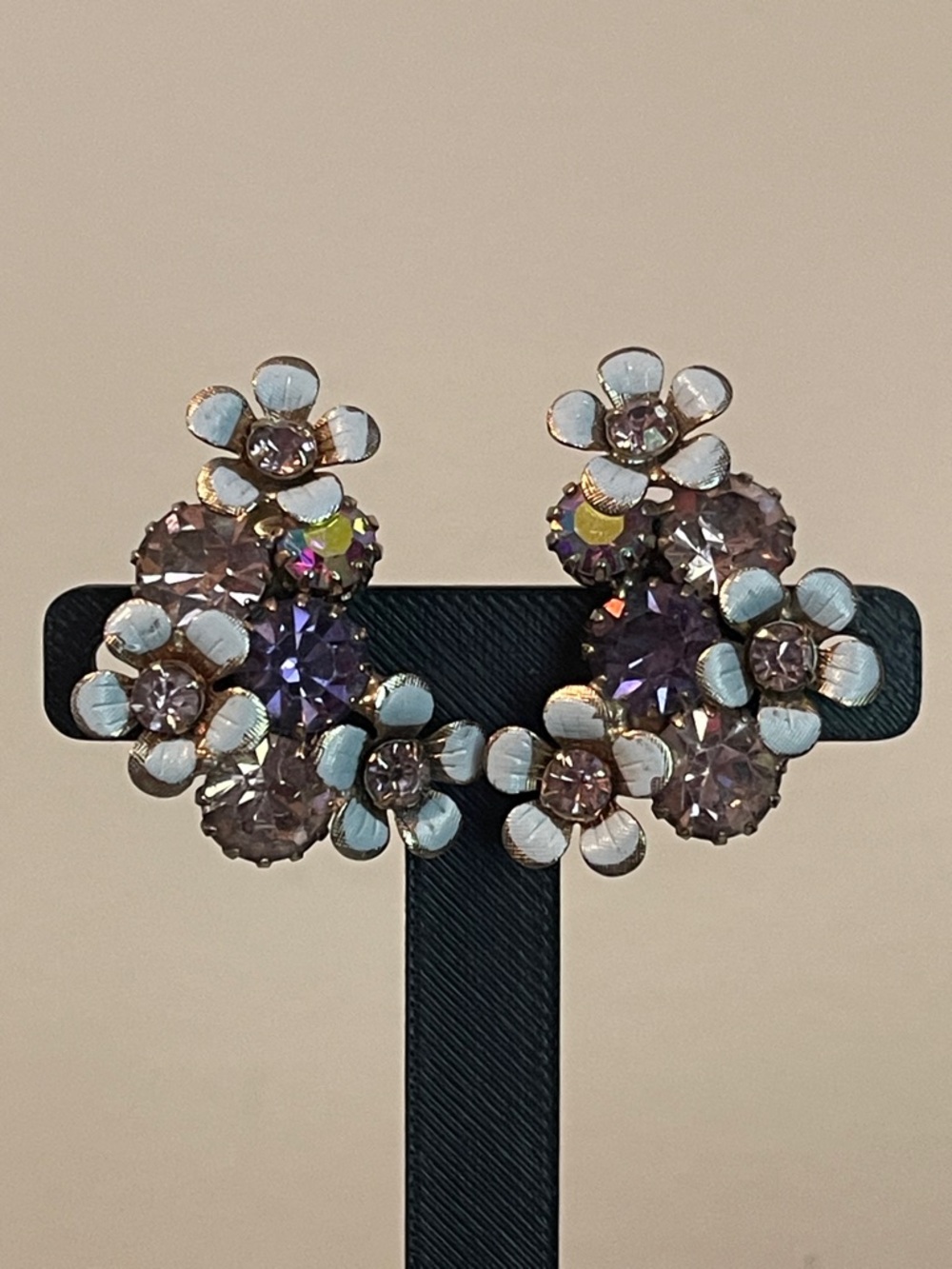 Weiss Lavender Aurora Borealis Enamel Floral Cluster Clip-On Earrings